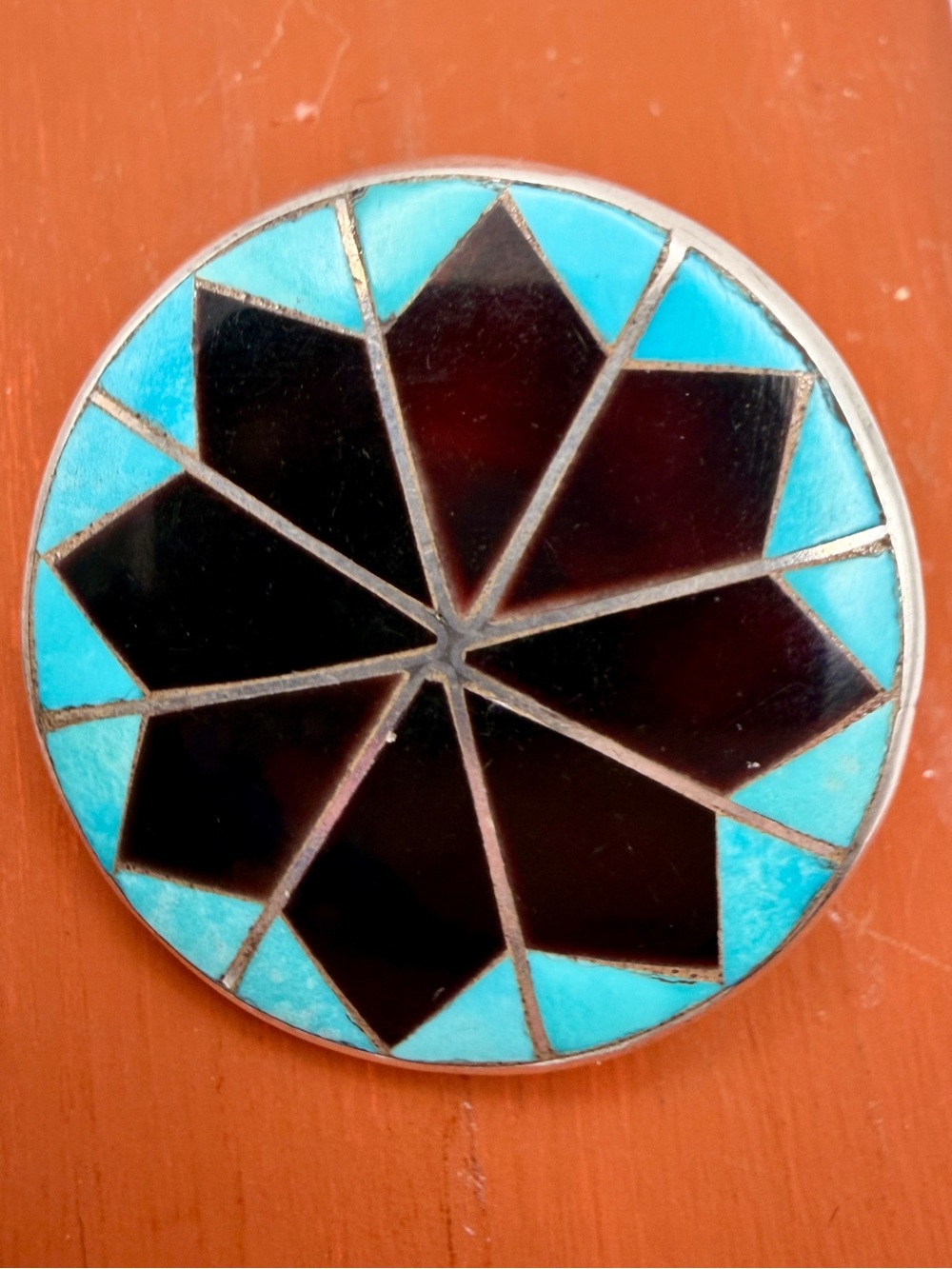 D.C. Zuni Flush Mosaic Turquoise Shell Pendant Brooch Sterling Silver Starburst